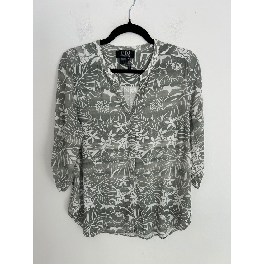 FDJ French Dressing‎ Jeans Sage Green Tropical Floral Smocked 3/4 Sleeve Shirt S